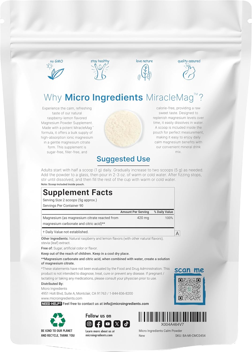 MiracleMag Calm Magnesium Powder 1lb - Raspberry Lemon Flavored | Ionic Mineral Support | Non-GMO Vegan Sugar Free