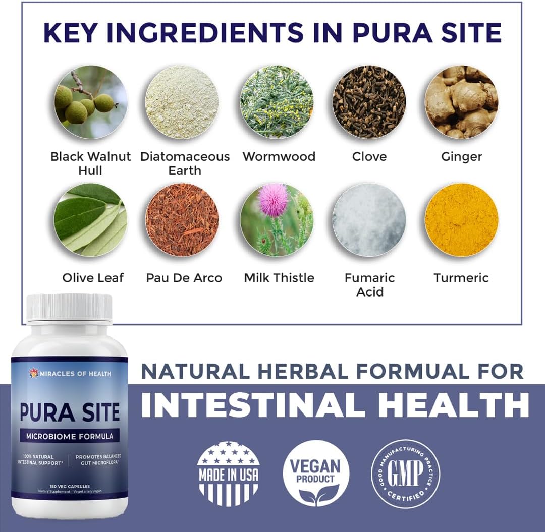 Miracles of Health Pura Site Intestinal Health Formula - 180 Capsules with Diatomaceous Earth, Black Walnut Hull, Wormwood, Clove, Ginger, Turmeric - Herbal Supplement for Gut Health