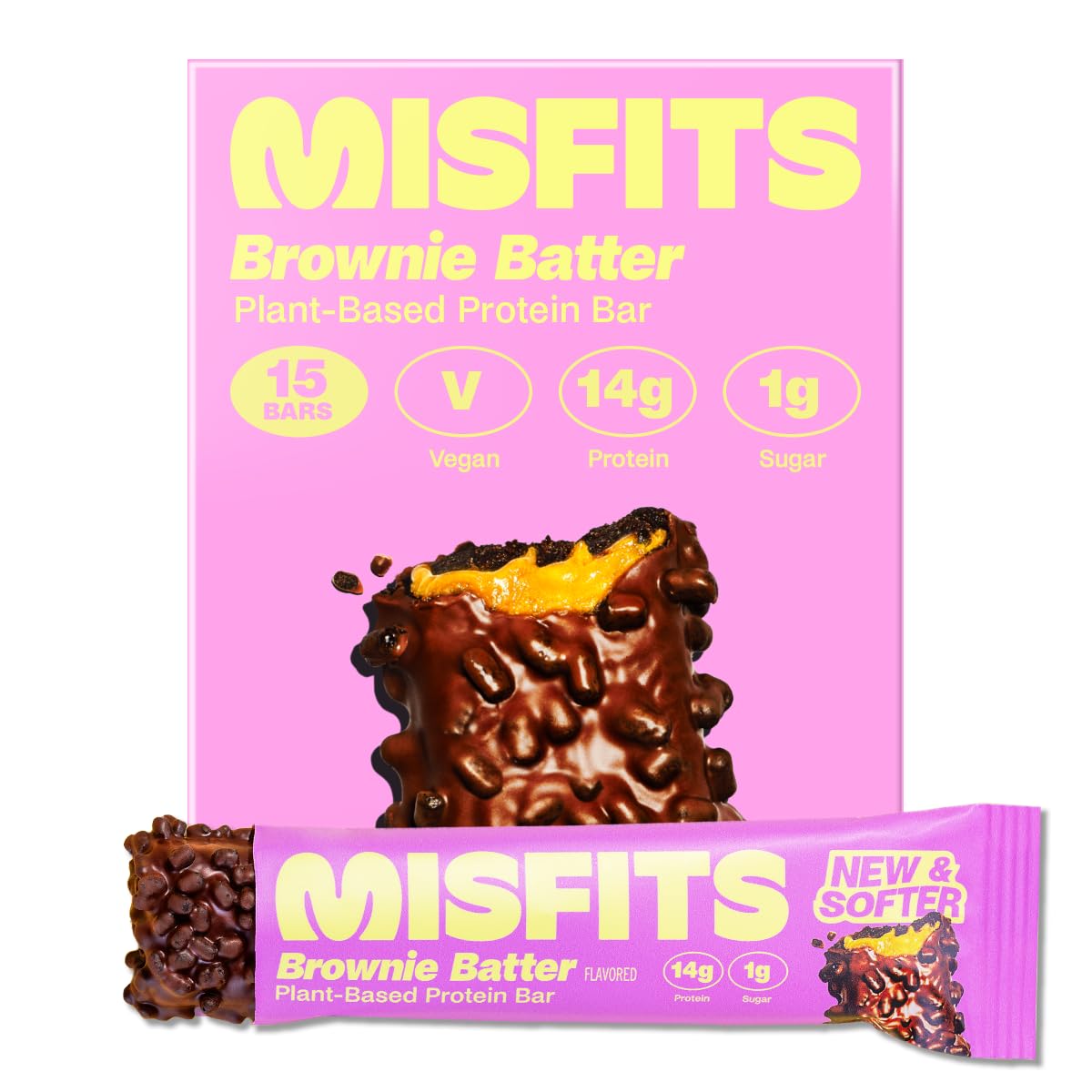 Misfits Brownie Batter Vegan Protein Bars - Plant Based, Low Sugar & Carb, High Fiber Snacks (Pack of 15)
