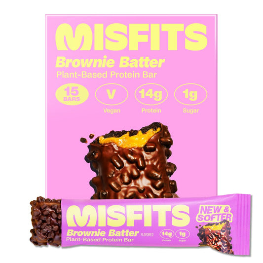 Misfits Brownie Batter Vegan Protein Bars - Plant Based, Low Sugar & Carb, High Fiber Snacks (Pack of 15)