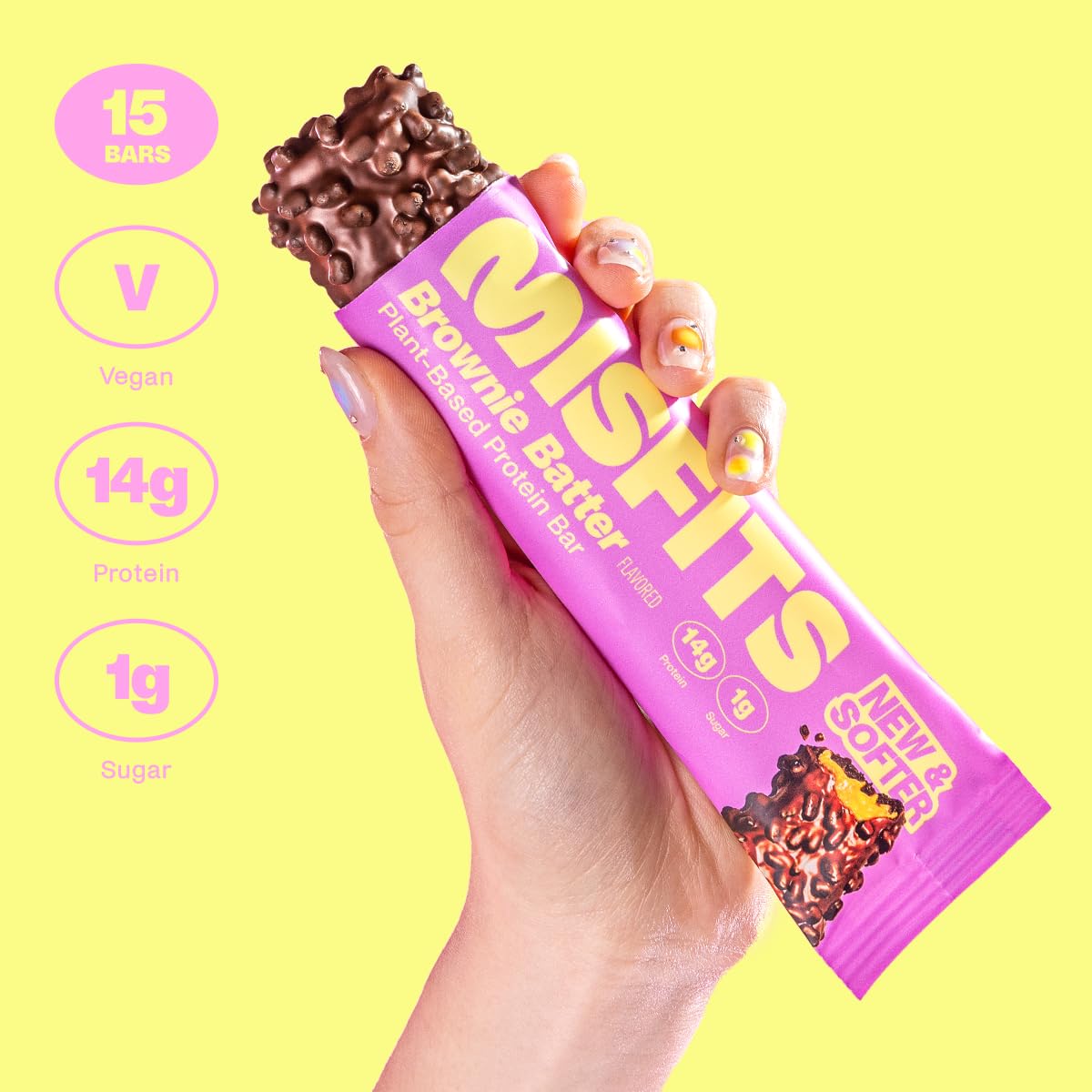 Misfits Brownie Batter Vegan Protein Bars - Plant Based, Low Sugar & Carb, High Fiber Snacks (Pack of 15)
