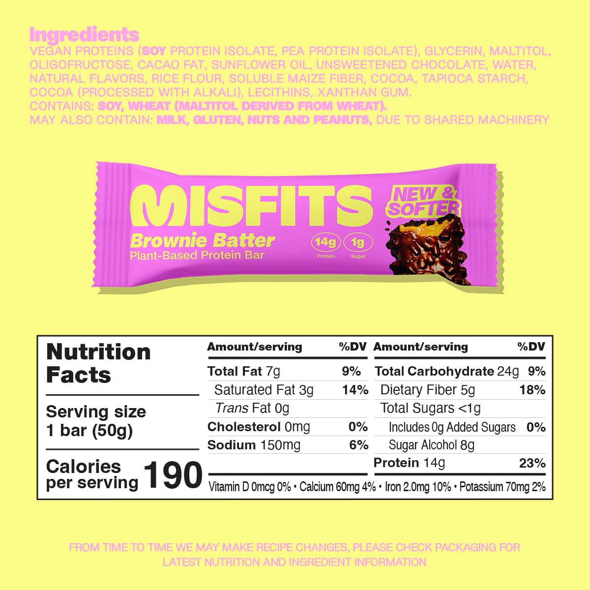 Misfits Brownie Batter Vegan Protein Bars - Plant Based, Low Sugar & Carb, High Fiber Snacks (Pack of 15)