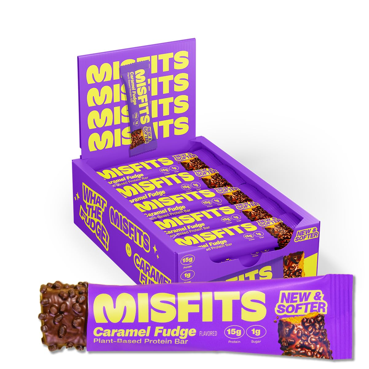 Misfits Vegan Protein Bars, Caramel Fudge - Improved Recipe | Plant Based, Low Sugar & Carb, High Fiber Snack Bars - 15 Pack
