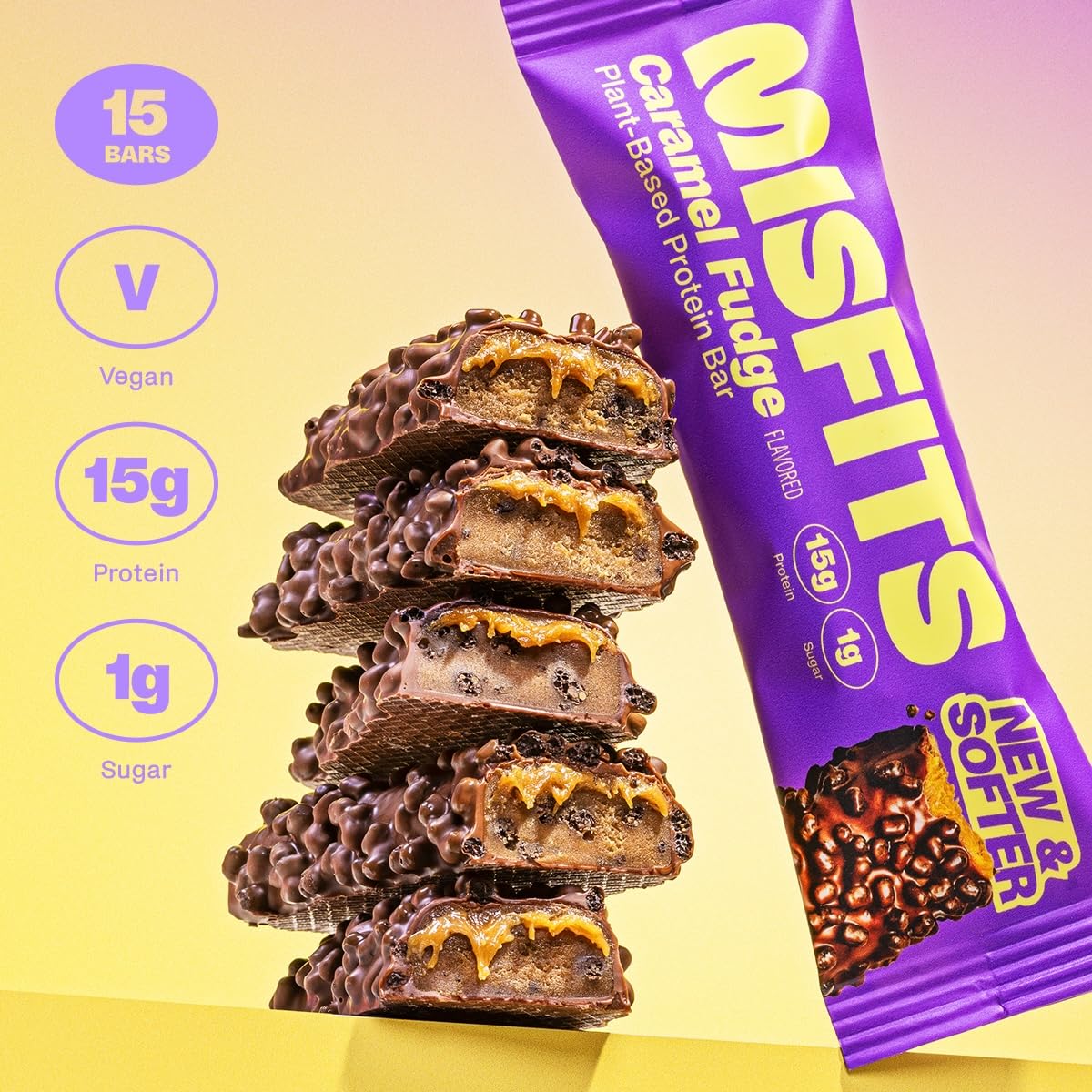 Misfits Vegan Protein Bars, Caramel Fudge - Improved Recipe | Plant Based, Low Sugar & Carb, High Fiber Snack Bars - 15 Pack