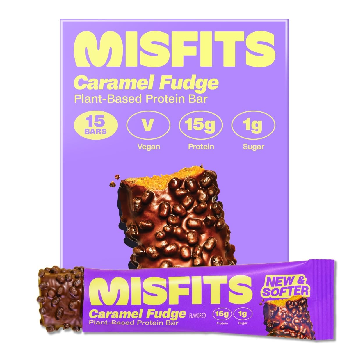 Misfits Vegan Protein Bars, Caramel Fudge - Improved Recipe | Plant Based, Low Sugar & Carb, High Fiber Snack Bars - 15 Pack