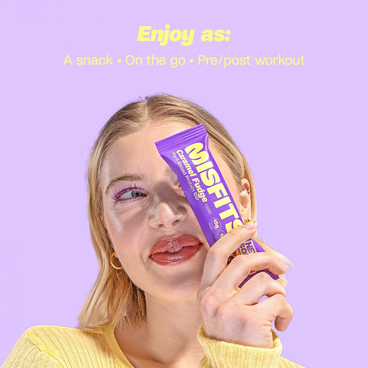 Misfits Vegan Protein Bars, Caramel Fudge - Improved Recipe | Plant Based, Low Sugar & Carb, High Fiber Snack Bars - 15 Pack