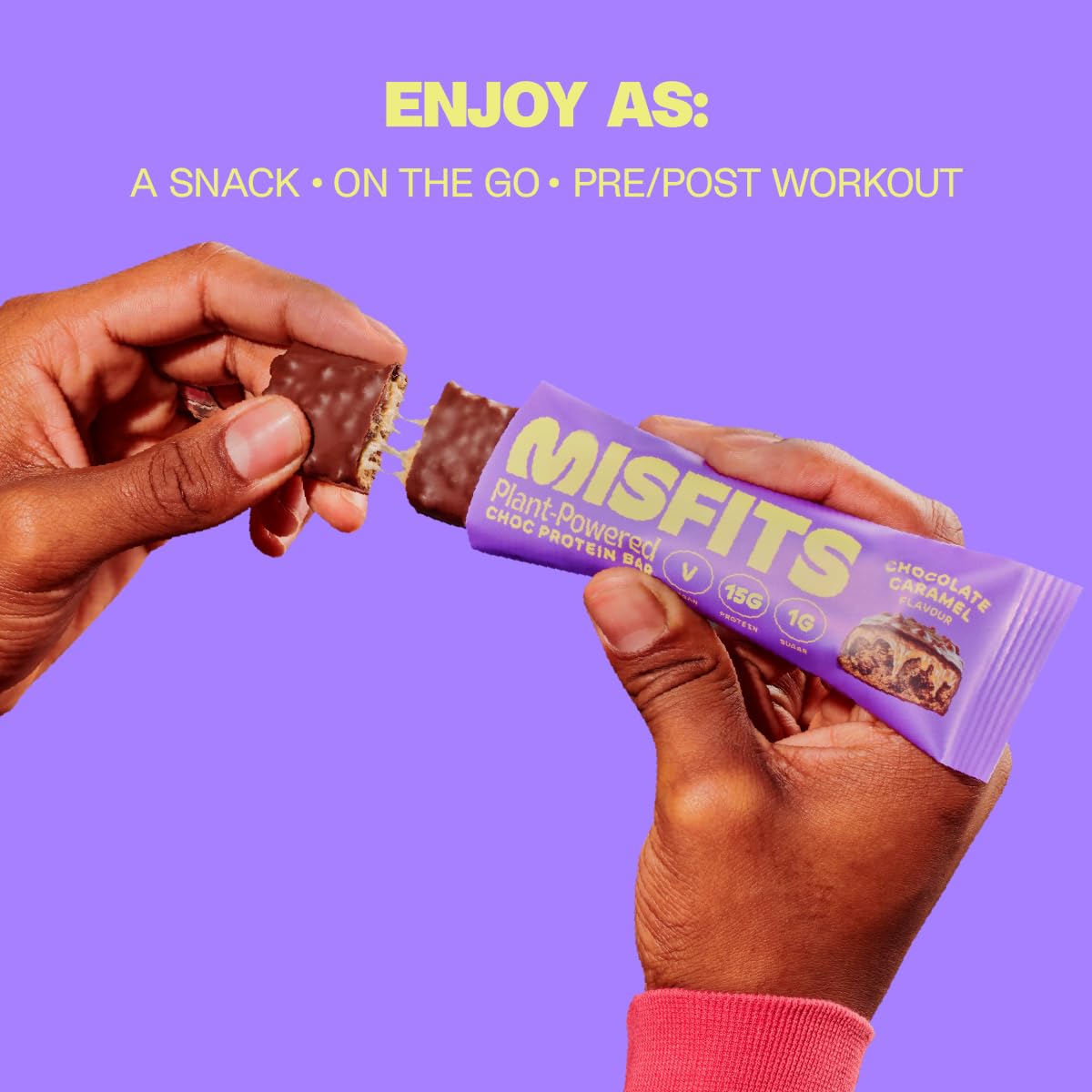 Misfits Vegan Protein Bars, Caramel Fudge - Improved Recipe | Plant Based, Low Sugar & Carb, High Fiber Snack Bars - 15 Pack