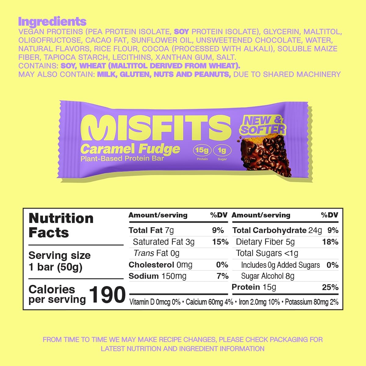 Misfits Vegan Protein Bars, Caramel Fudge - Improved Recipe | Plant Based, Low Sugar & Carb, High Fiber Snack Bars - 15 Pack