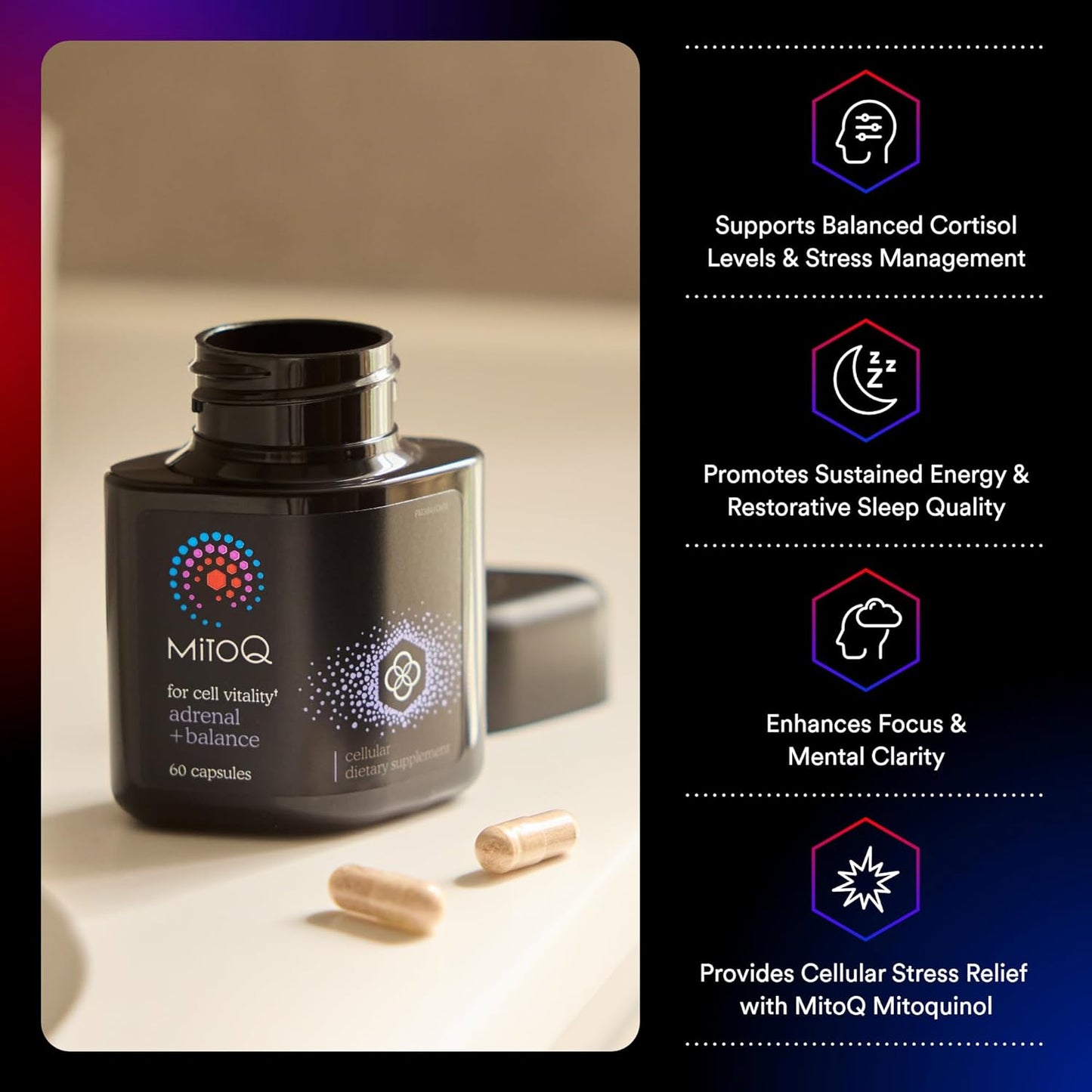 MitoQ +Balance Capsules with Sensoril Ashwagandha, Rhodiola & Maritime for Balanced Cortisol Levels, Stress Management, Sleep & Cell Health