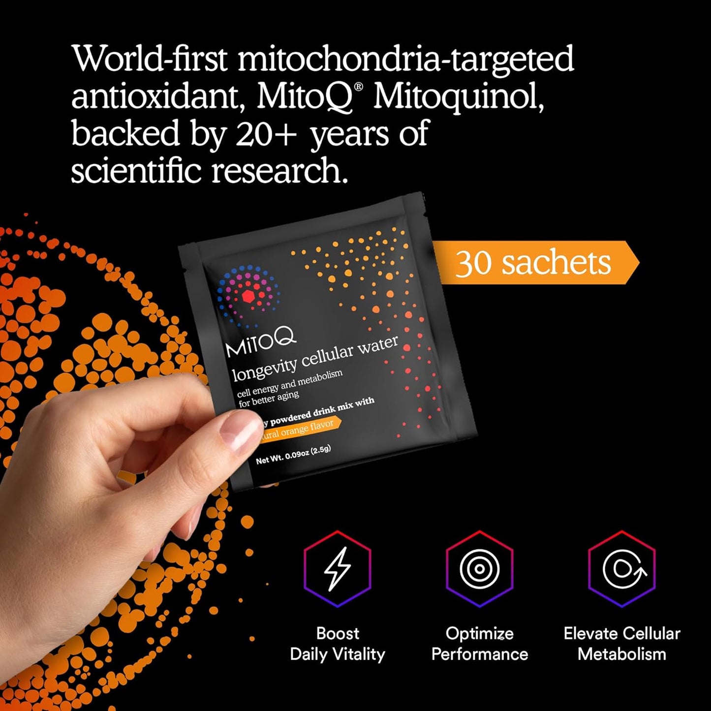 MitoQ Longevity Cellular Water Drink Mix - Orange Flavor - Antioxidant for Cell Energy & Metabolism - 30 Packets