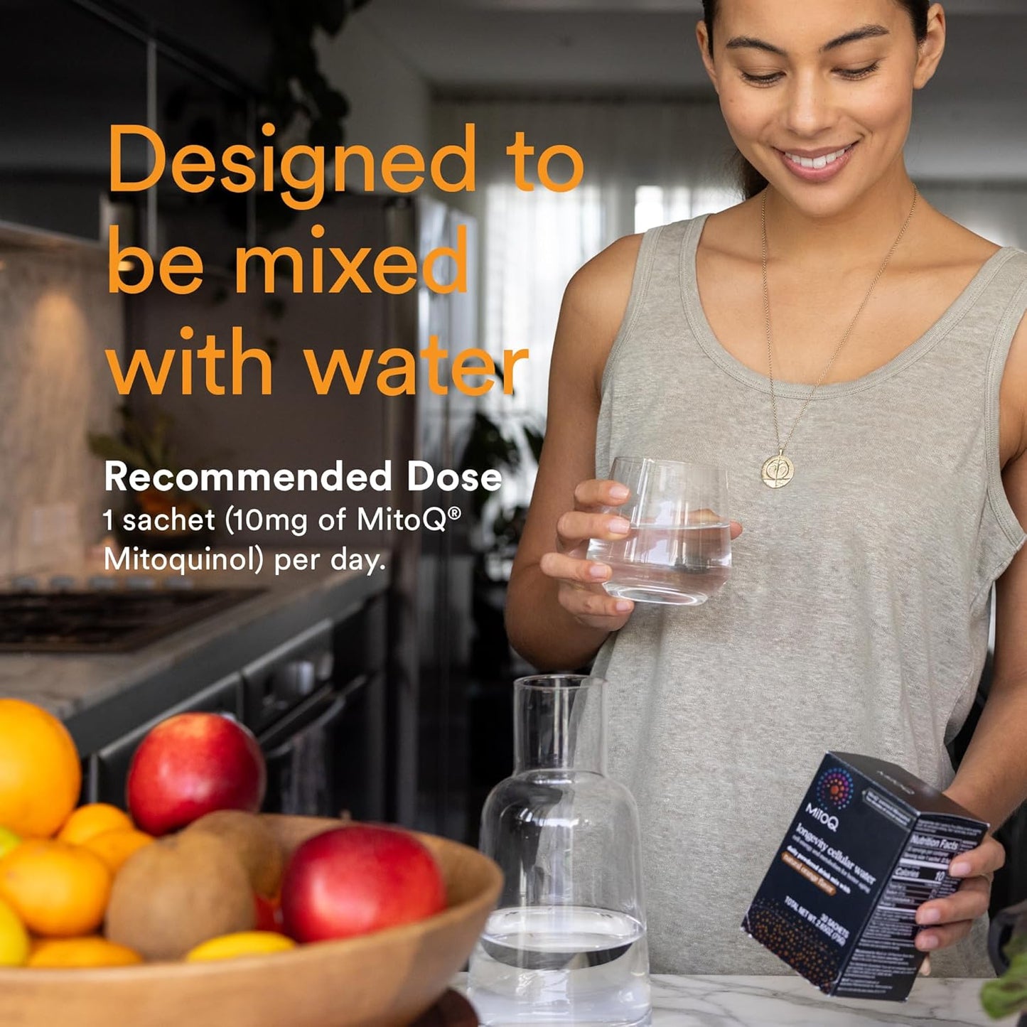 MitoQ Longevity Cellular Water Drink Mix - Orange Flavor - Antioxidant for Cell Energy & Metabolism - 30 Packets