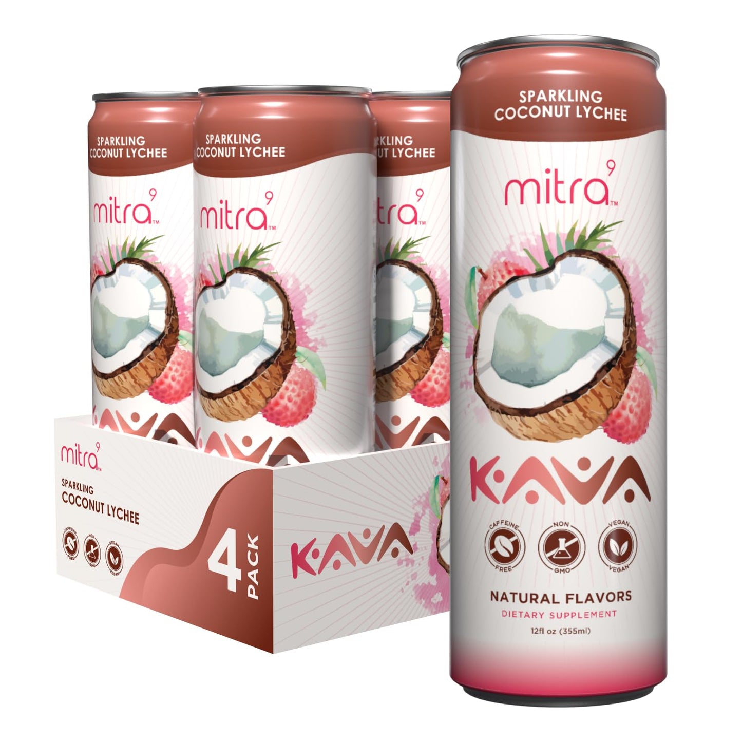 MITRA9 Coconut Lychee Sparkling Kava Drink - Mood Enhancer with Kava Root Extract - Plant Based Calm & Clarity - 12 Fl. Oz (4 Pack)