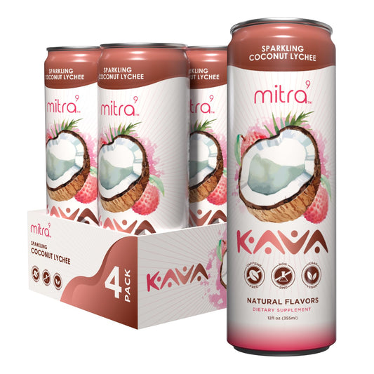 MITRA9 Coconut Lychee Sparkling Kava Drink - Mood Enhancer with Kava Root Extract - Plant Based Calm & Clarity - 12 Fl. Oz (4 Pack)