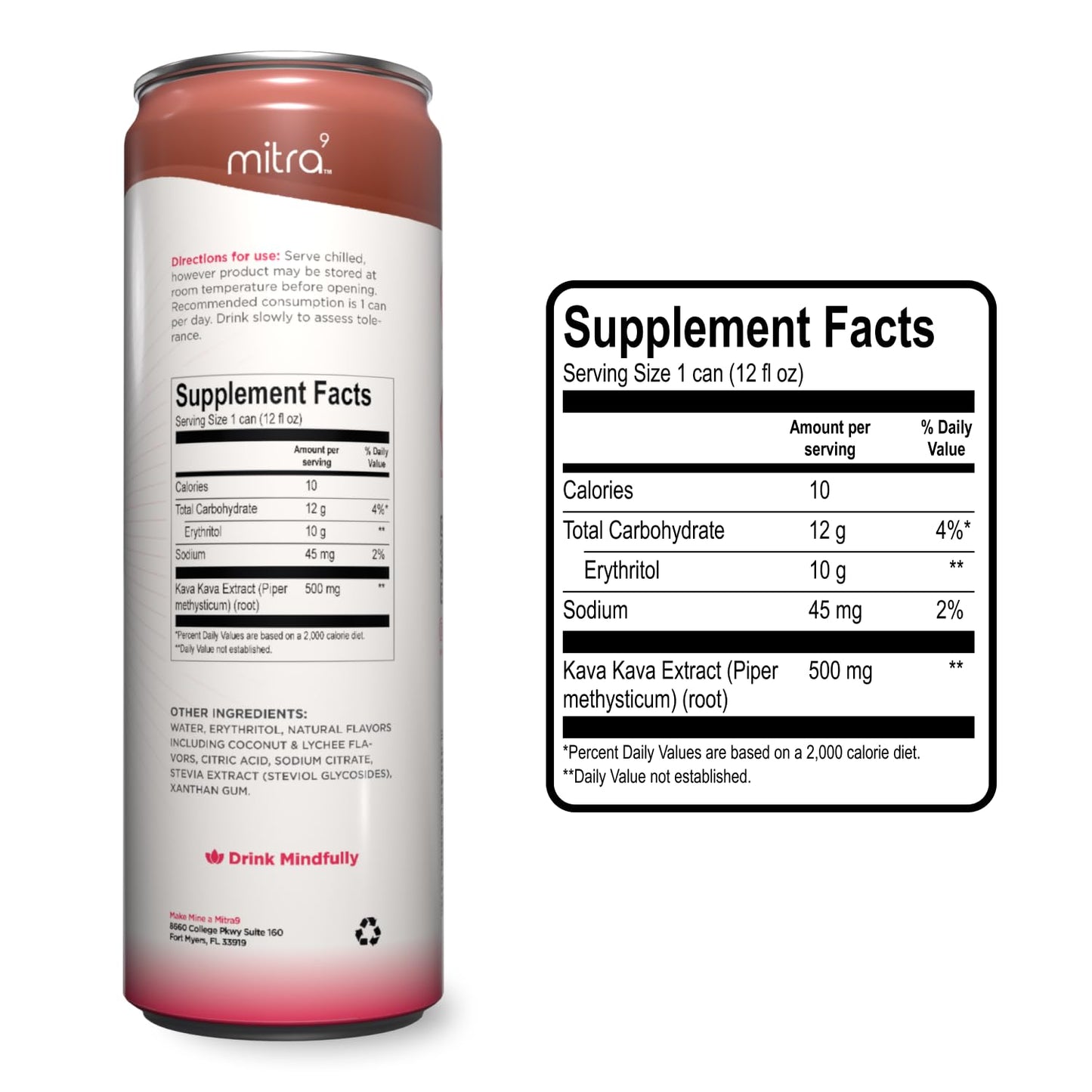 MITRA9 Coconut Lychee Sparkling Kava Drink - Mood Enhancer with Kava Root Extract - Plant Based Calm & Clarity - 12 Fl. Oz (4 Pack)