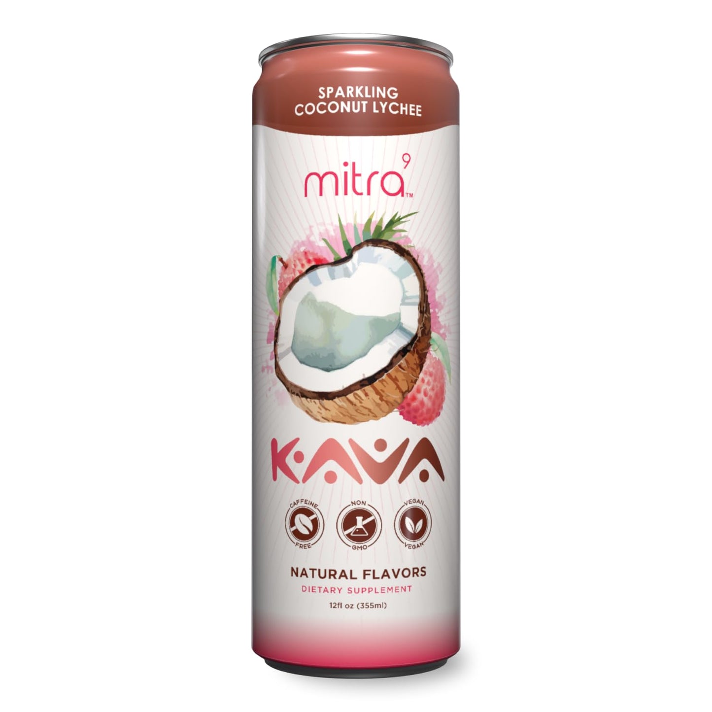 MITRA9 Coconut Lychee Sparkling Kava Drink - Mood Enhancer with Kava Root Extract - Plant Based Calm & Clarity - 12 Fl. Oz (4 Pack)