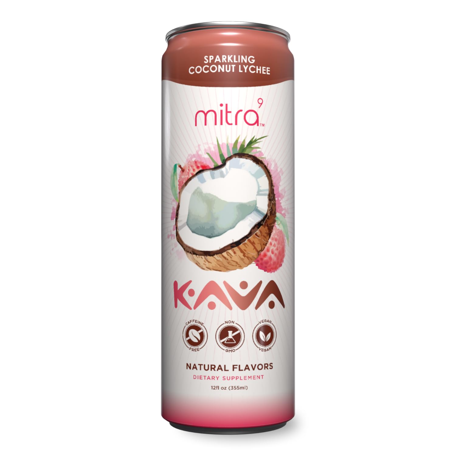 MITRA9 Coconut Lychee Sparkling Kava Drink - Mood Enhancer with Kava Root Extract - Plant Based Calm & Clarity - 12 Fl. Oz (4 Pack)