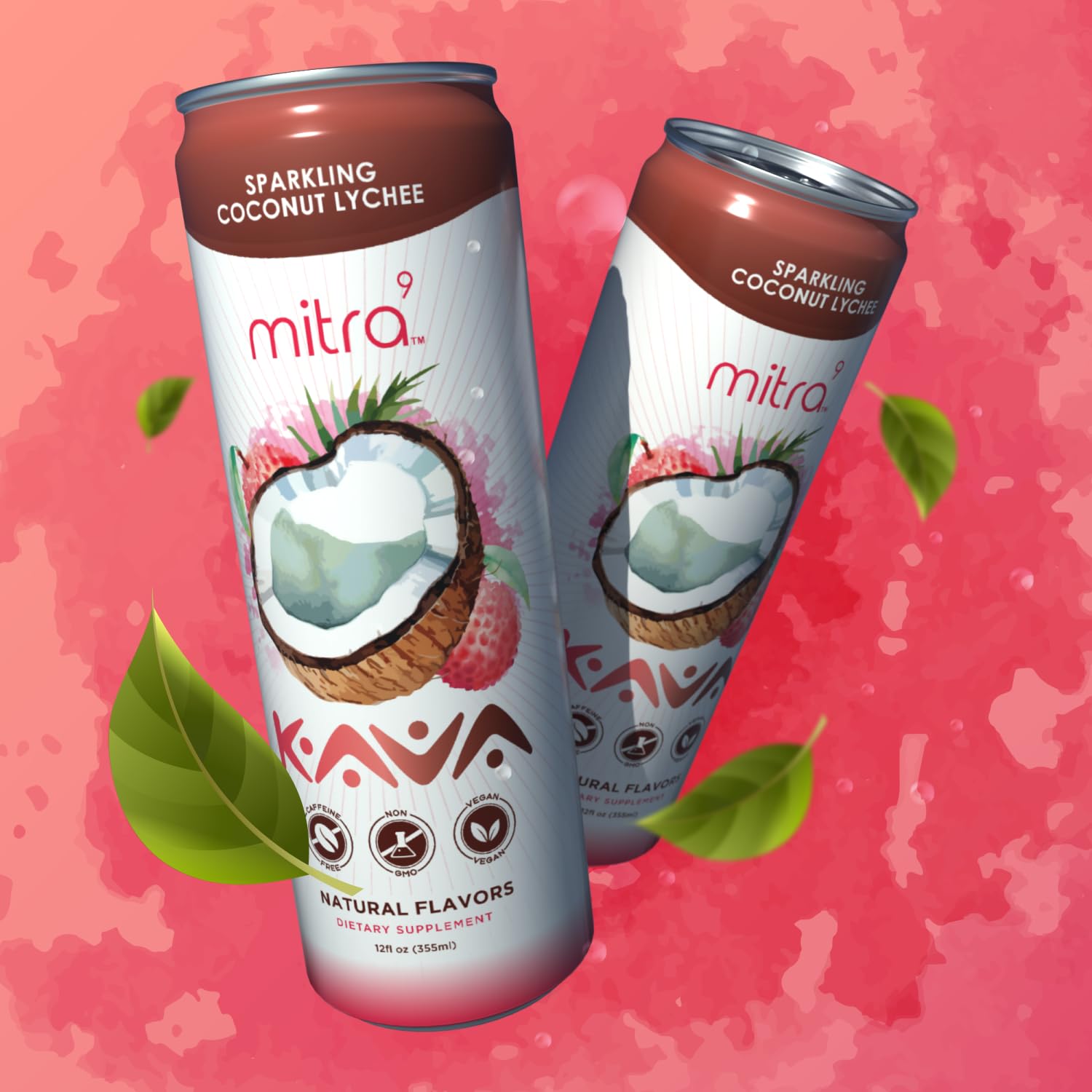 MITRA9 Coconut Lychee Sparkling Kava Drink - Mood Enhancer with Kava Root Extract - Plant Based Calm & Clarity - 12 Fl. Oz (4 Pack)