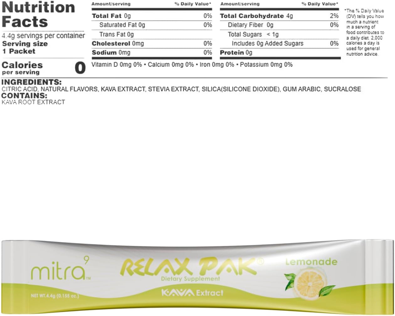 Mitra9 Lemonade Kava Extract Powder Packets - RelaxPak for Calm & Clarity | Mood Enhancer | Plant Based | Easy Open Single-Serving Stick (5)