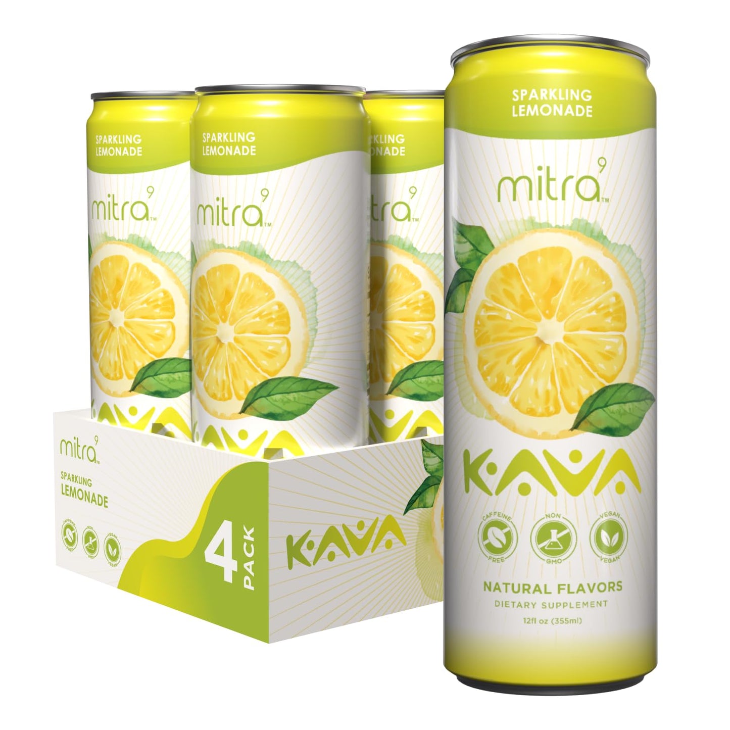 MITRA9 Lemonade Sparkling Kava Drink - Mood Enhancer with Kava Root Extract - Promotes Natural Calm & Clarity - Plant Based - 12 Fl. Oz - Pack of 4