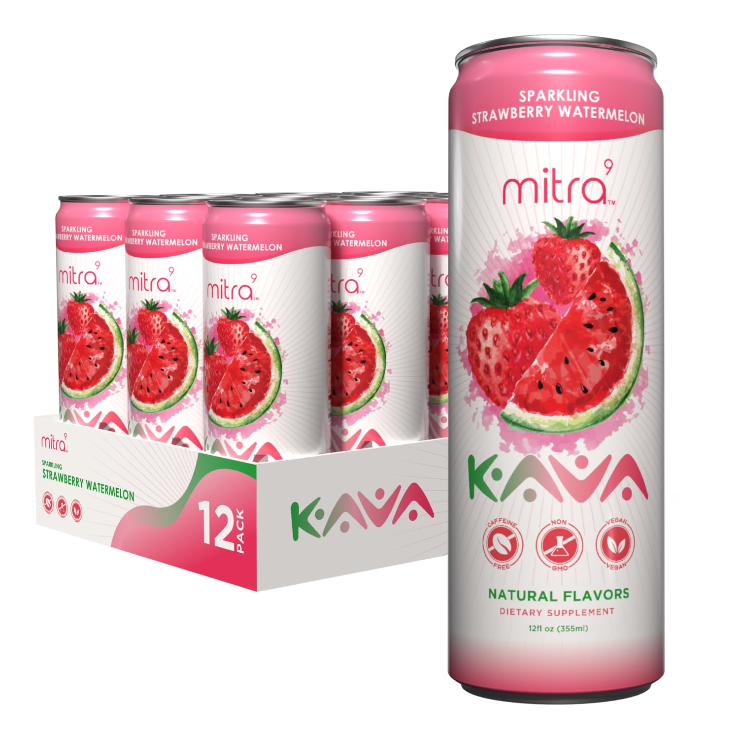 Mitra9 Strawberry Watermelon Sparkling Kava Drink with Kava Root Extract - Mood Enhancer - Plant Based - 12 Fl. Oz (12 Pack)