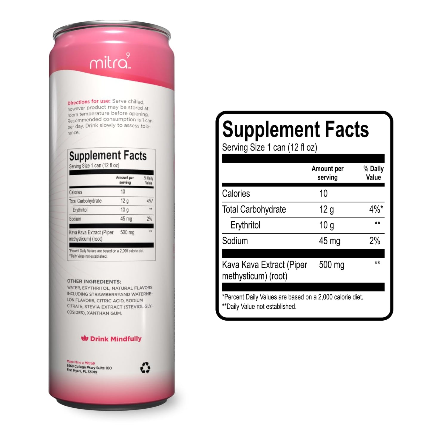 Mitra9 Strawberry Watermelon Sparkling Kava Drink with Kava Root Extract - Mood Enhancer - Plant Based - 12 Fl. Oz (12 Pack)