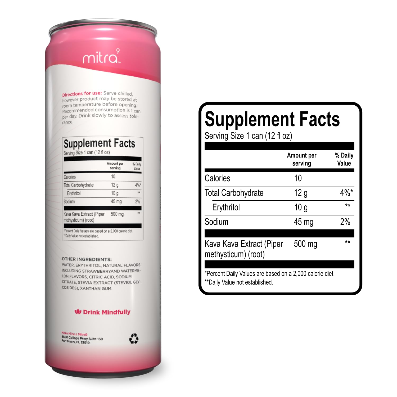 Mitra9 Strawberry Watermelon Sparkling Kava Drink with Kava Root Extract - Mood Enhancer - Plant Based - 12 Fl. Oz (12 Pack)