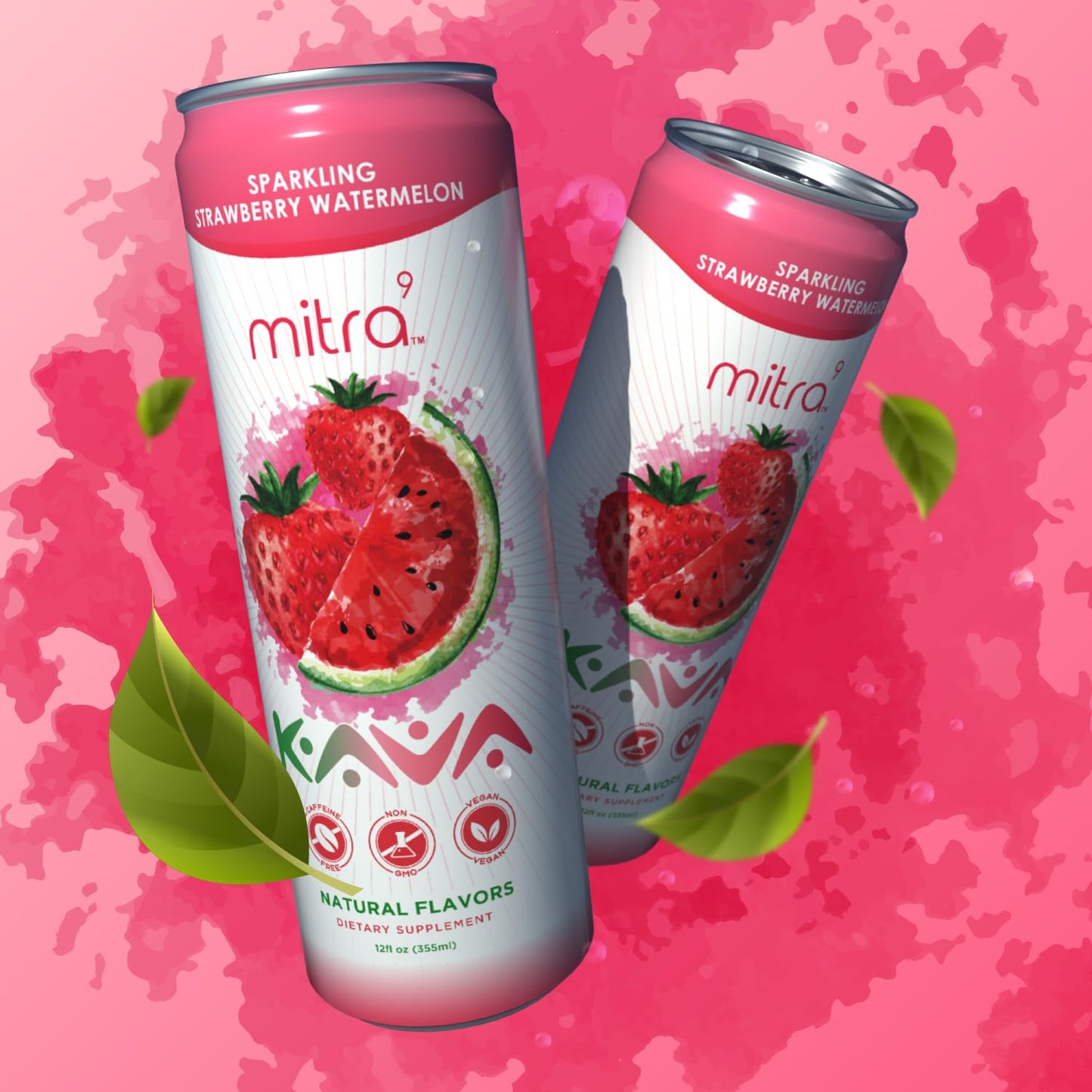 Mitra9 Strawberry Watermelon Sparkling Kava Drink with Kava Root Extract - Mood Enhancer - Plant Based - 12 Fl. Oz (12 Pack)