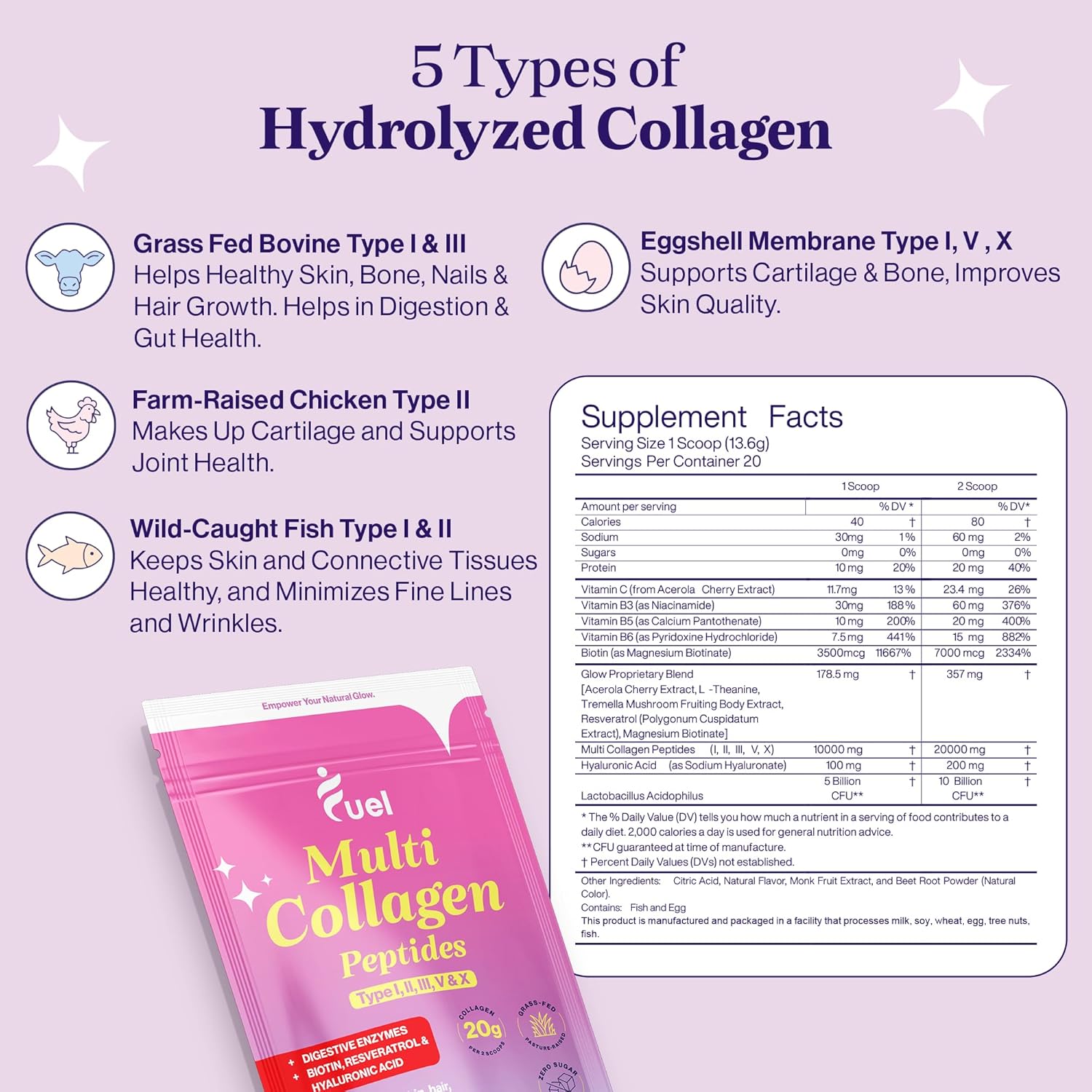 Mixed Berry Collagen Protein Powder with Hyaluronic Acid & Biotin - Hydrolyzed Collagen Types I, II, III, V, X for Women - Promotes Skin, Hair, Nails - Multi Collagen Peptides Powder