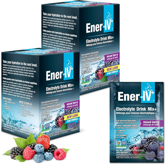Mixed Berry Electrolyte Hydration Powder Packets - Ener-C Ener-IV Drink for Muscle Recovery & Immunity - 24 Count