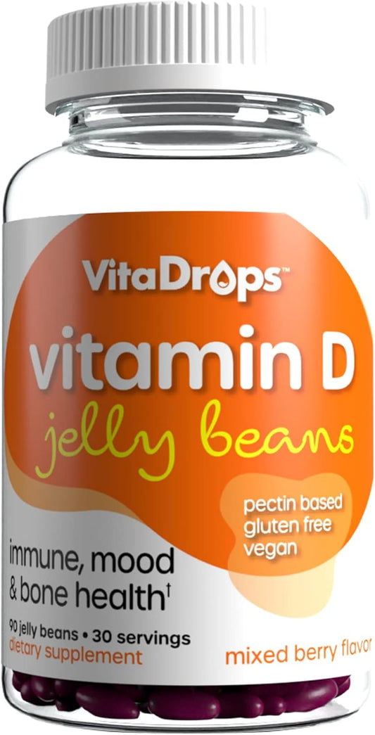 Mixed Berry Flavor Vitamin D Jelly Beans - Vegan & Gluten Free, 90 Jelly Beans for 30 Servings, Immune and Bone Health Support