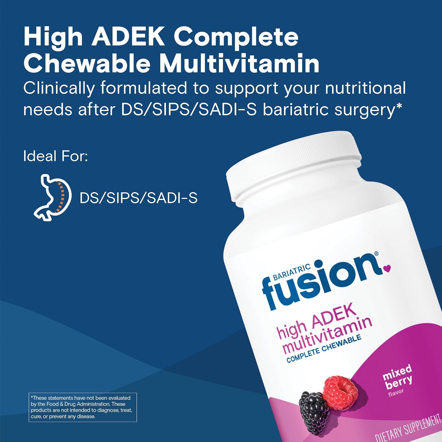 Mixed Berry Flavored Bariatric Fusion Chewable Multivitamin for Duodenal Switch Patients - High ADEK Vitamins, Iron, Calcium - 30 Tablets