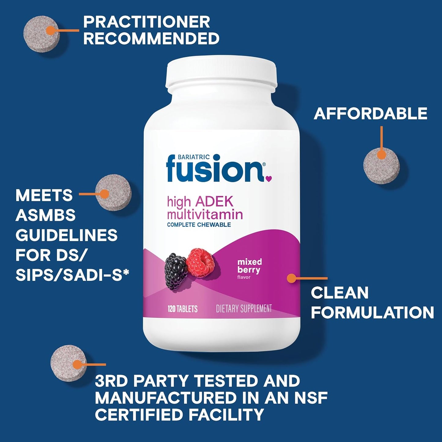 Mixed Berry Flavored Bariatric Fusion Chewable Multivitamin for Duodenal Switch Patients - High ADEK Vitamins, Iron, Calcium - 30 Tablets