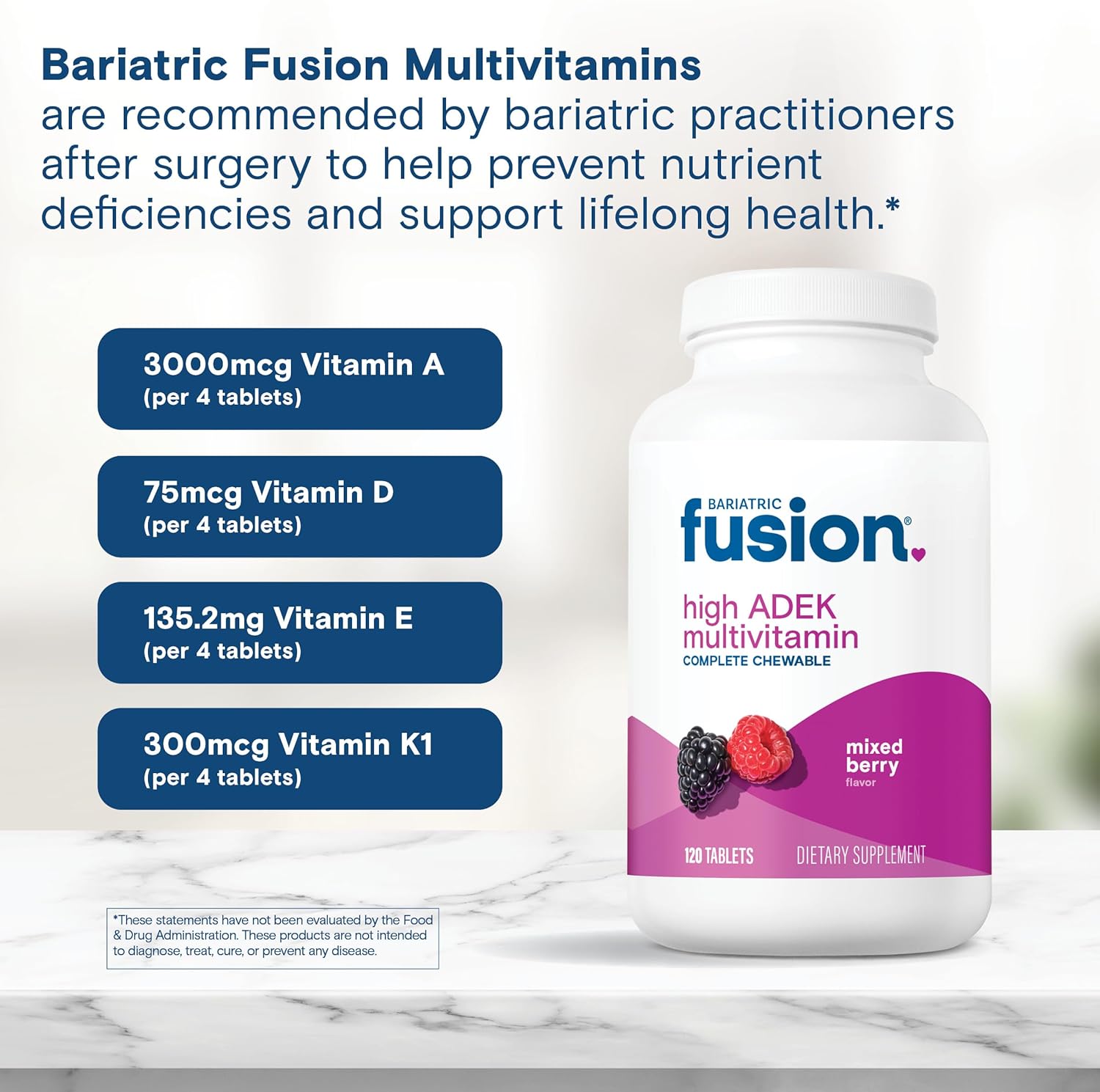Mixed Berry Flavored Bariatric Fusion Chewable Multivitamin for Duodenal Switch Patients - High ADEK Vitamins, Iron, Calcium - 30 Tablets