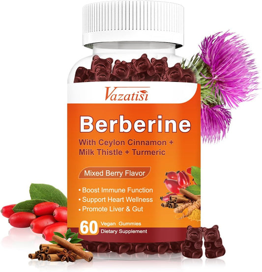 Mixed Berry Flavored Berberine Gummies with Ceylon Cinnamon, Magnesium Citrate, Milk Thistle - 60 Count for Adults and Kids