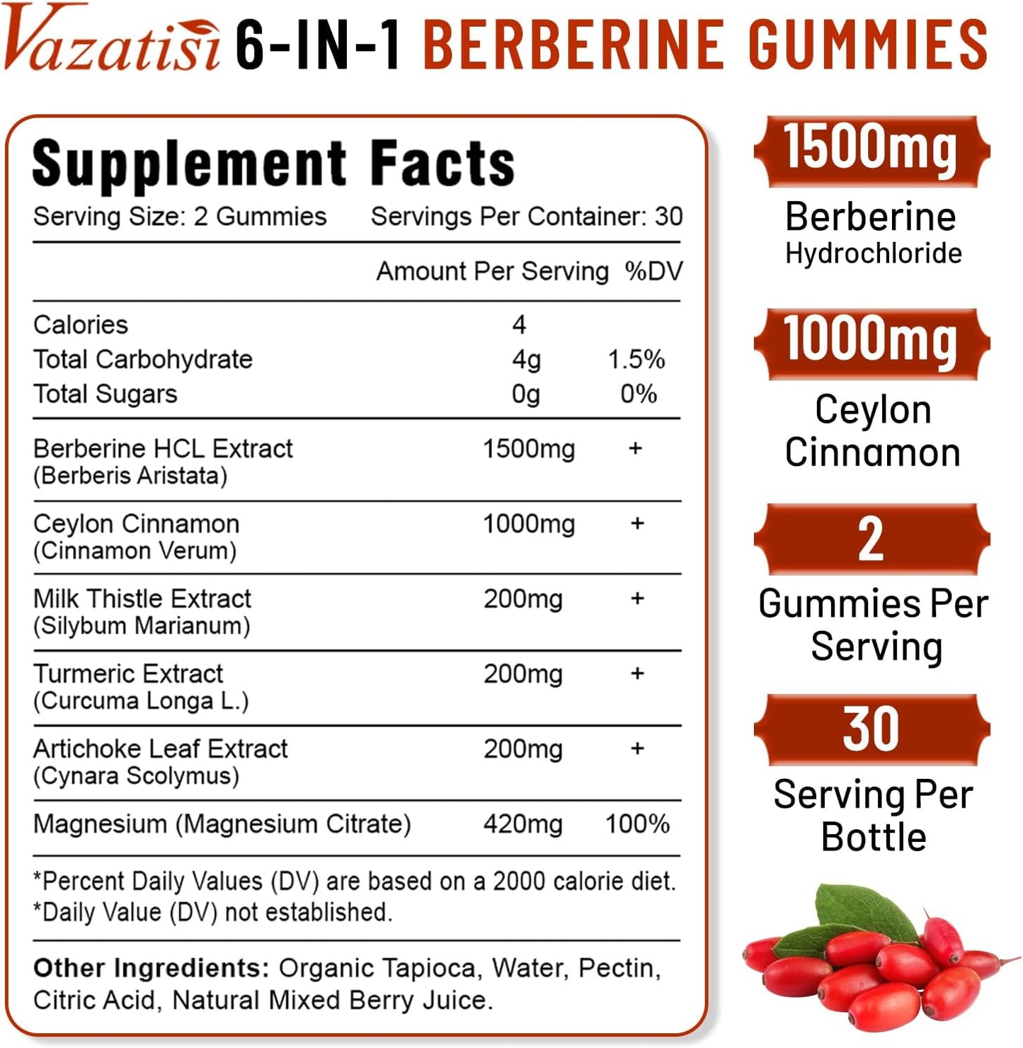 Mixed Berry Flavored Berberine Gummies with Ceylon Cinnamon, Magnesium Citrate, Milk Thistle - 60 Count for Adults and Kids