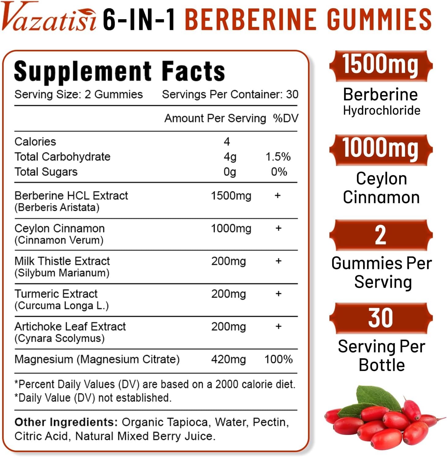 Mixed Berry Flavored Berberine Gummies with Ceylon Cinnamon, Magnesium Citrate, Milk Thistle - 60 Count for Adults and Kids