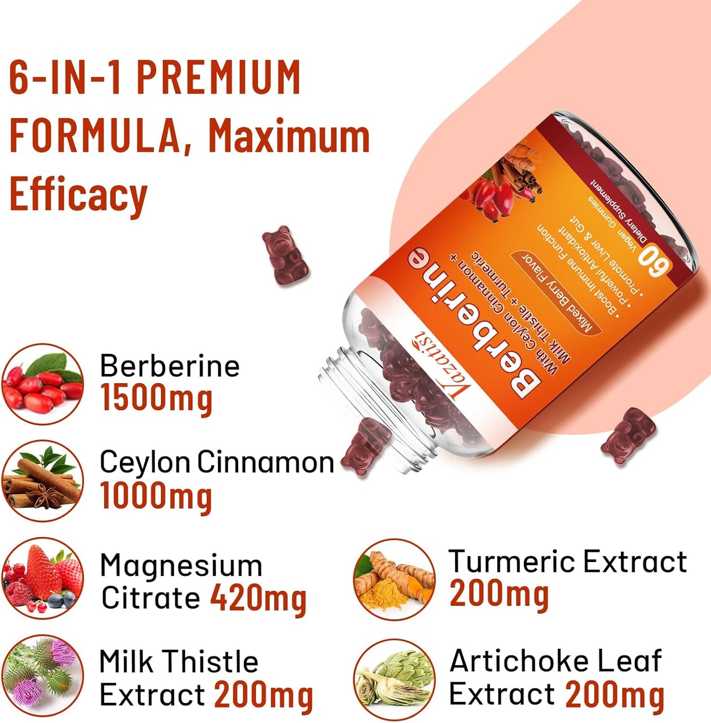 Mixed Berry Flavored Berberine Gummies with Ceylon Cinnamon, Magnesium Citrate, Milk Thistle - 60 Count for Adults and Kids