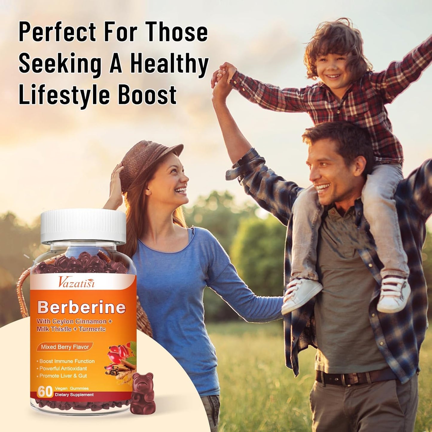 Mixed Berry Flavored Berberine Gummies with Ceylon Cinnamon, Magnesium Citrate, Milk Thistle - 60 Count for Adults and Kids