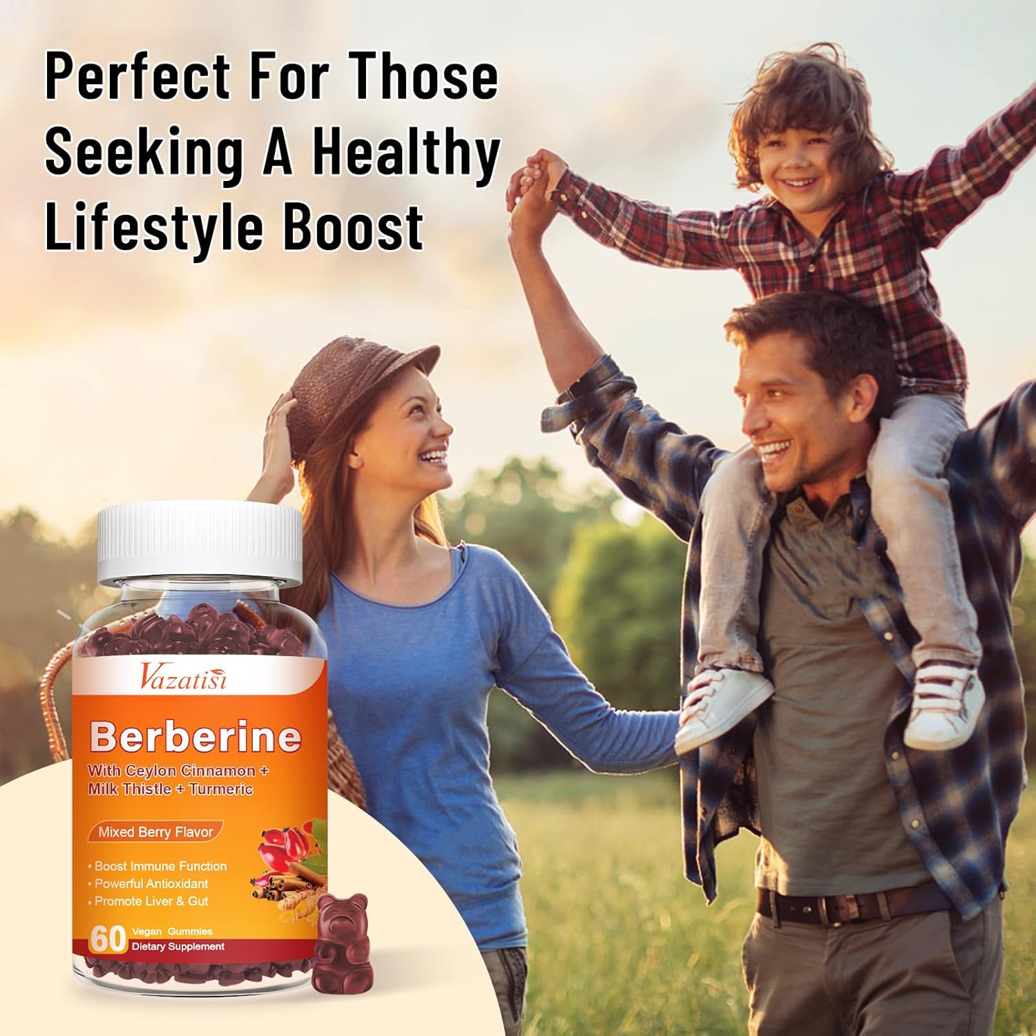 Mixed Berry Flavored Berberine Gummies with Ceylon Cinnamon, Magnesium Citrate, Milk Thistle - 60 Count for Adults and Kids