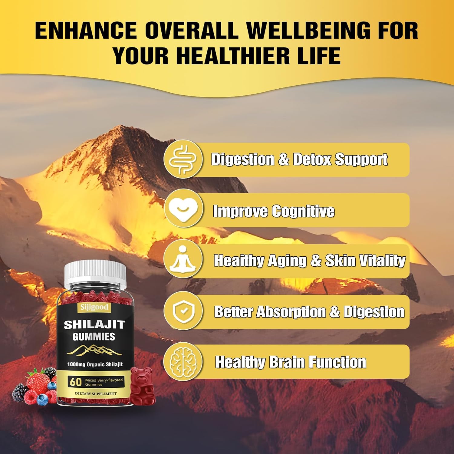 Mixed Berry Flavored Sijigood Shilajit Gummies - 60 Gummies with 85+ Trace Minerals for Men & Women