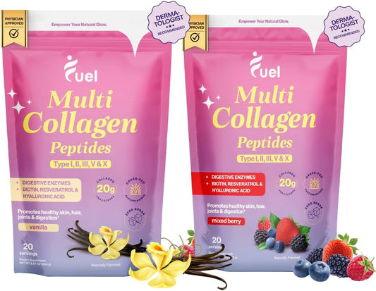 Mixed Berry & French Vanilla Collagen Drink for Women - Fuel Collagen Peptides Powder with Hyaluronic Acid, Vitamin C, Tremella, Biotin - Supports Skin, Hair, and Nails