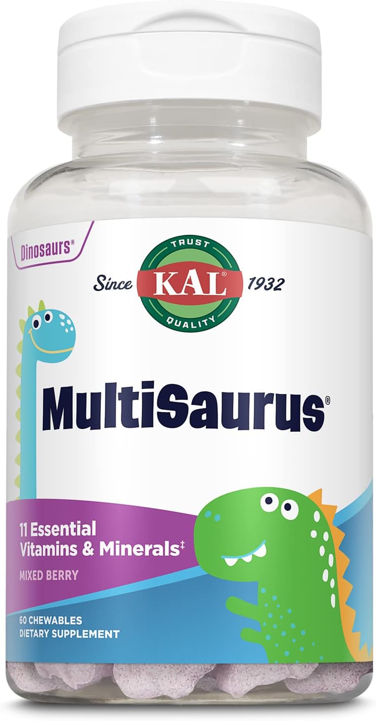 Mixed Berry KAL MultiSaurus Kids Chewable Multivitamins - 60 Dinosaur-Shaped Chewables with 11 Essential Vitamins and Minerals for Children, Gluten & Preservative Free