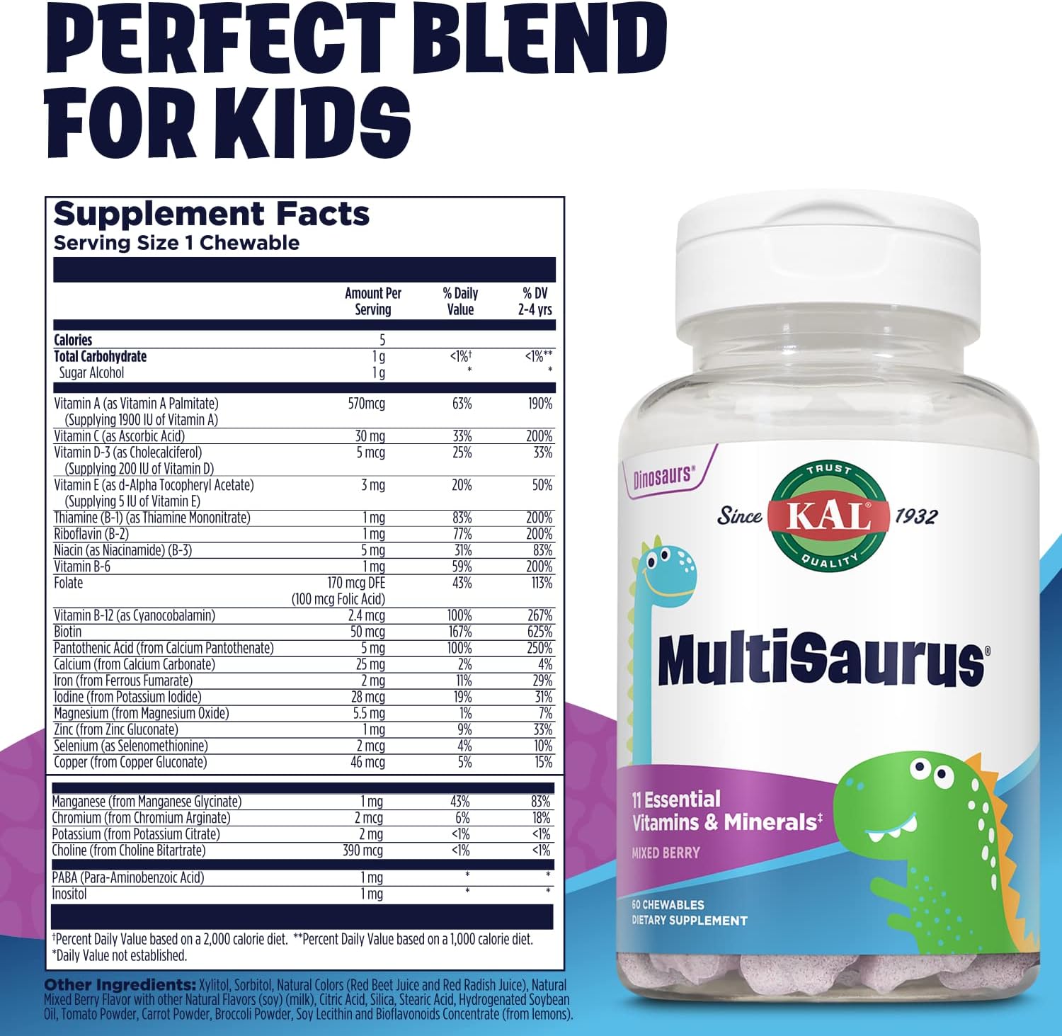 Mixed Berry KAL MultiSaurus Kids Chewable Multivitamins - 60 Dinosaur-Shaped Chewables with 11 Essential Vitamins and Minerals for Children, Gluten & Preservative Free