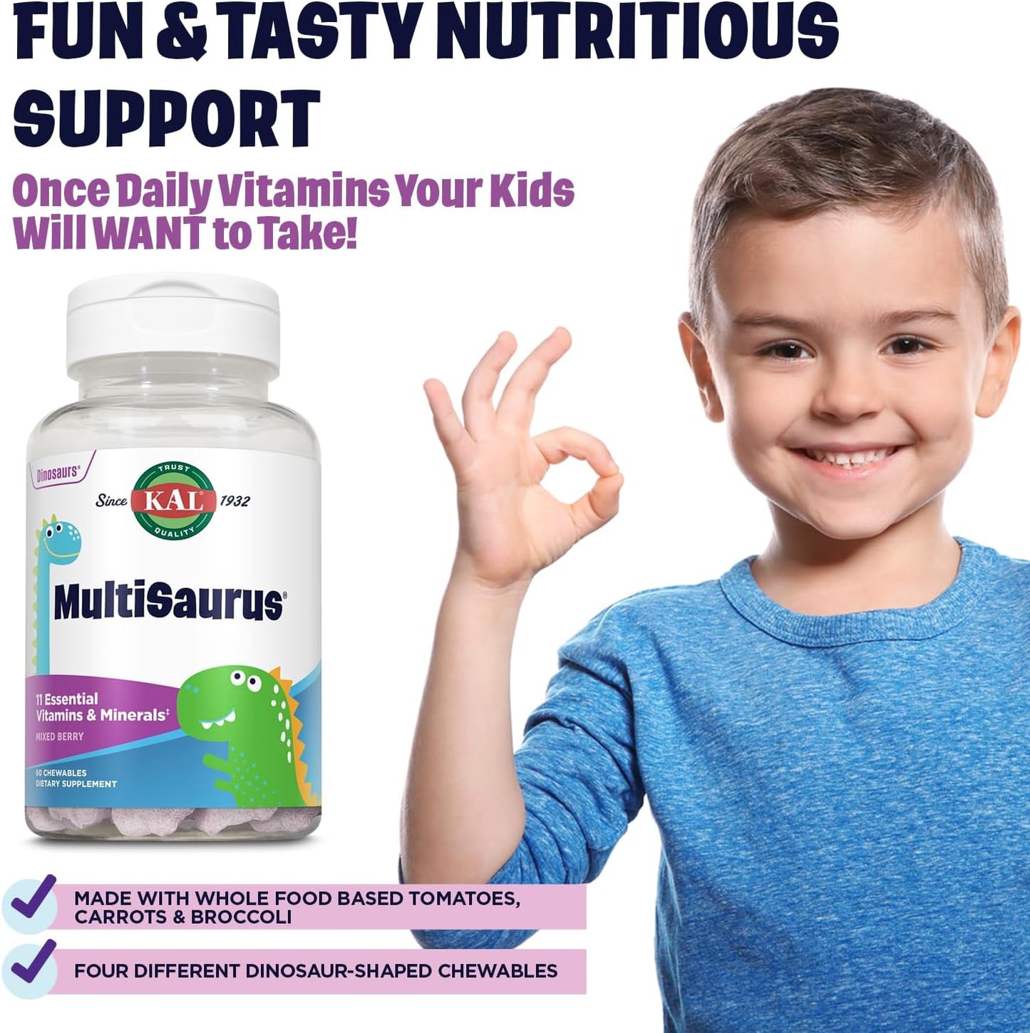 Mixed Berry KAL MultiSaurus Kids Chewable Multivitamins - 60 Dinosaur-Shaped Chewables with 11 Essential Vitamins and Minerals for Children, Gluten & Preservative Free