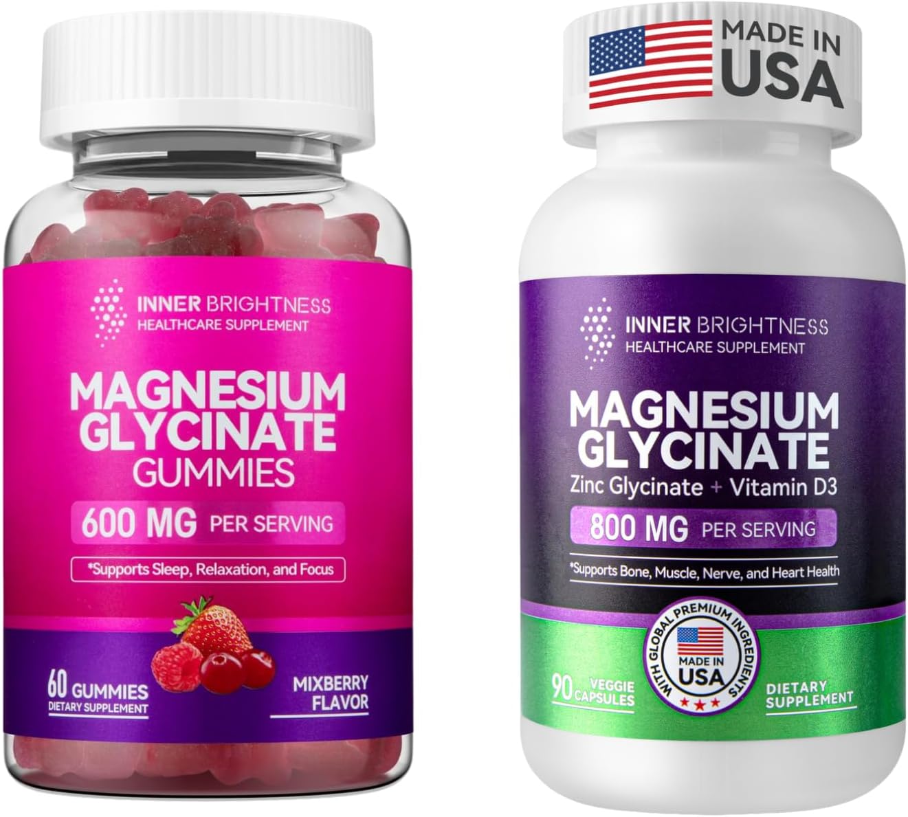 Mixed Berry Magnesium Glycinate Gummies & Capsules with Zinc and Vitamin D3 for Sleep, Relaxation, and Focus for Adults
