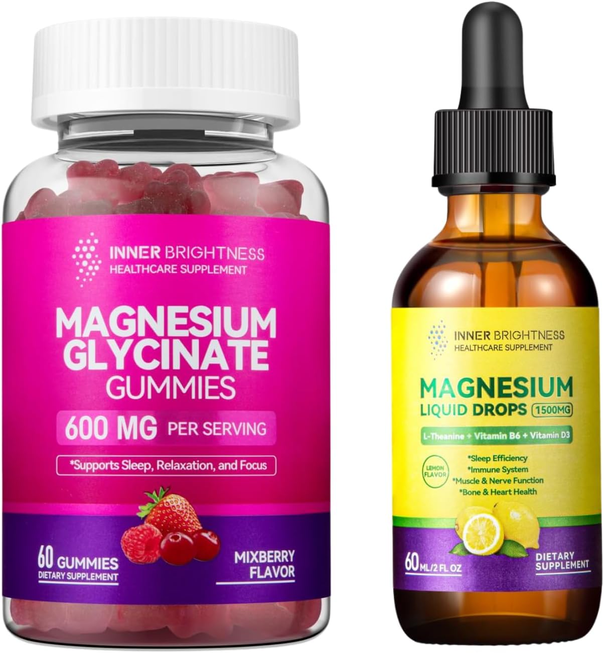 Mixed Berry Magnesium Glycinate Gummies for Adults Promote Sleep, Relaxation, and Focus, Enhanced with Magnesium Citrate & Taurate - Lemon Liquid Flavor