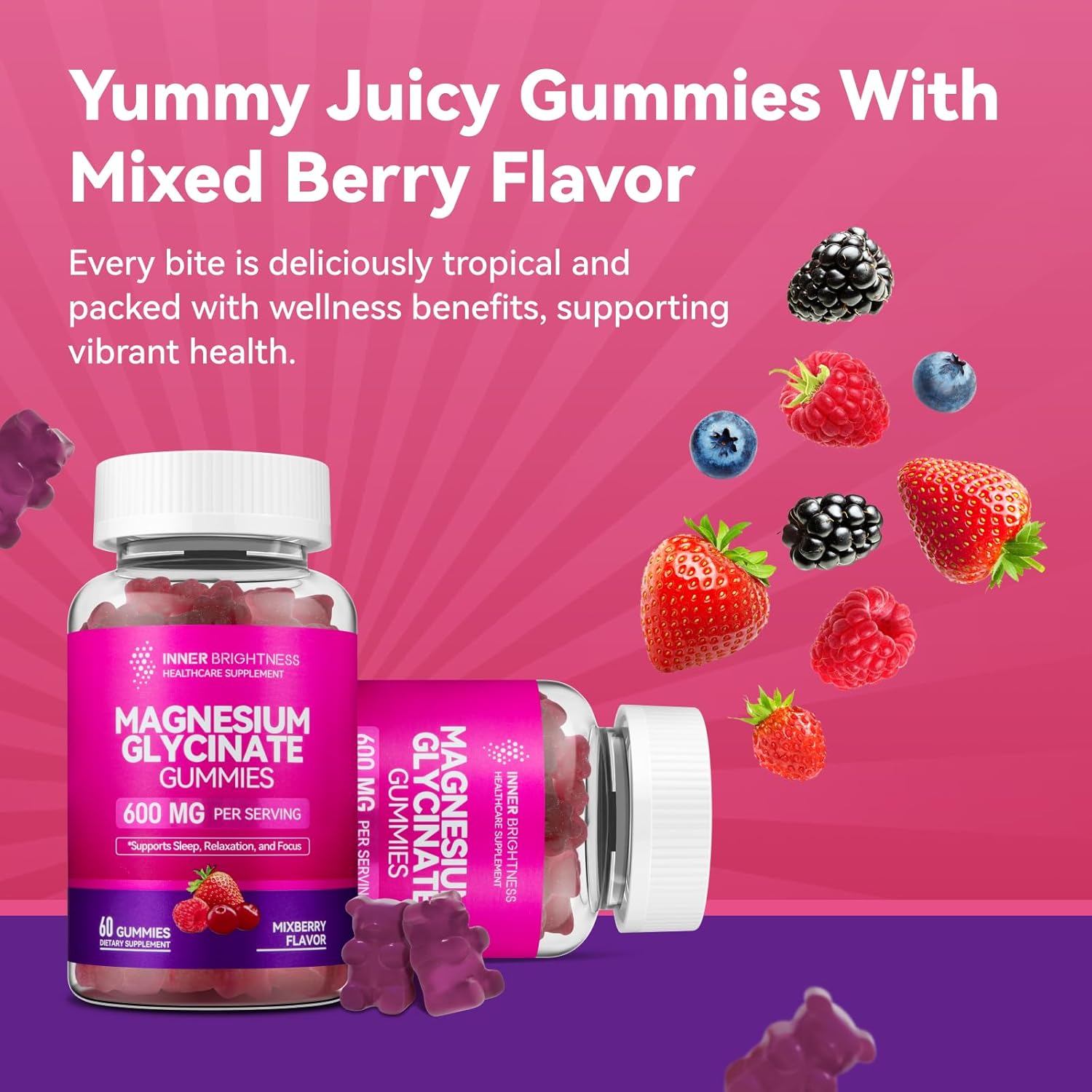 Mixed Berry Magnesium Glycinate Gummies for Adults Promote Sleep, Relaxation, and Focus, Enhanced with Magnesium Citrate & Taurate - Lemon Liquid Flavor