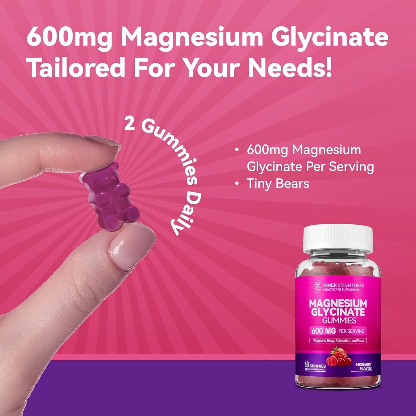 Mixed Berry Magnesium Glycinate Gummies for Adults Promote Sleep, Relaxation, and Focus, Enhanced with Magnesium Citrate & Taurate - Lemon Liquid Flavor