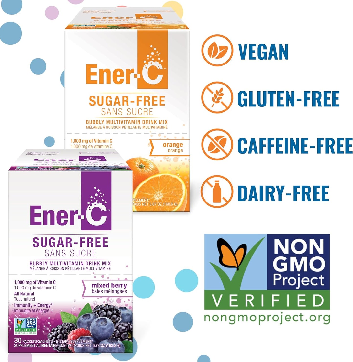 Mixed Berry & Orange Ener-C Sugar-Free Drink Mix with 1000mg Vitamin C - Immunity Support & Electrolytes - Non-GMO Vegan - 60 Pack
