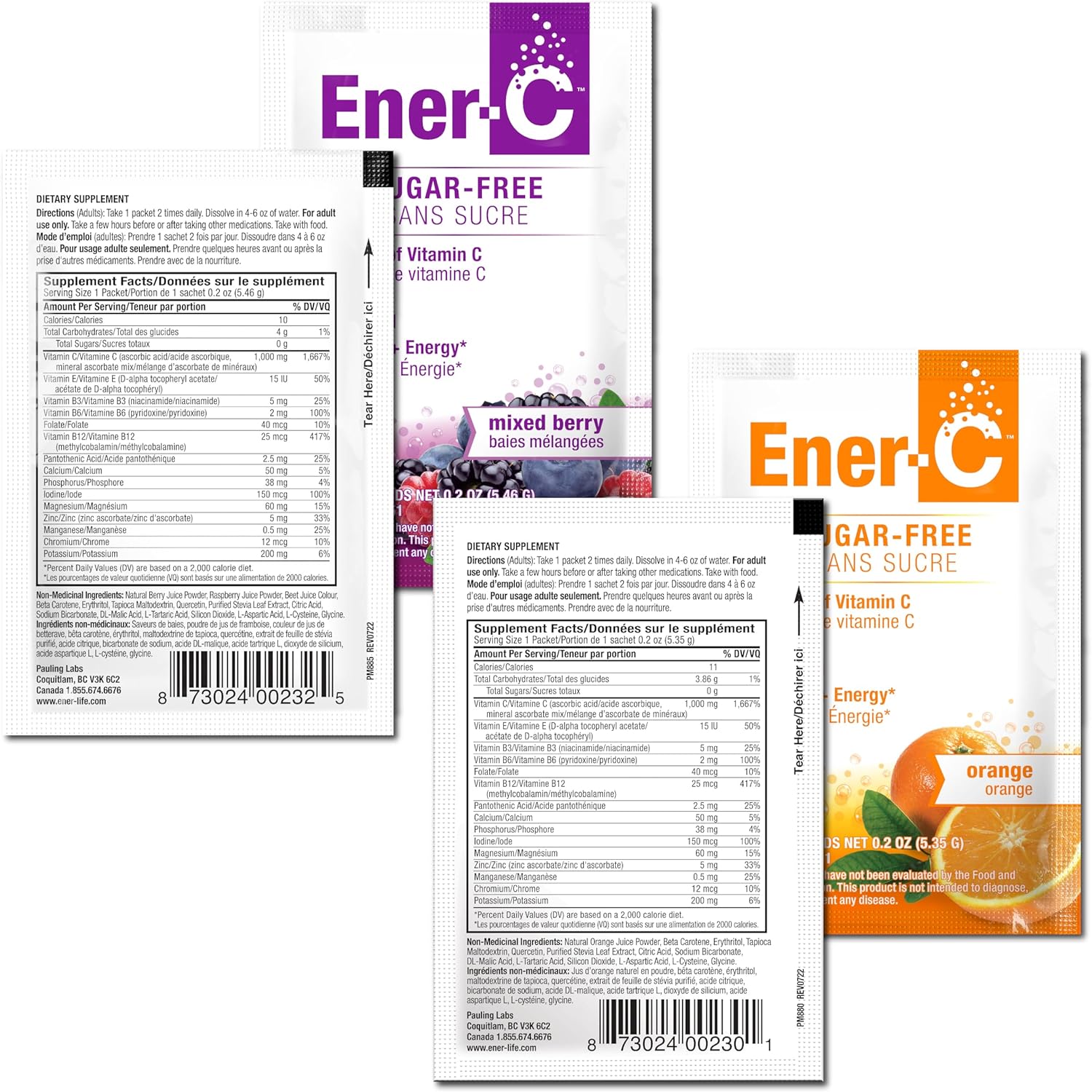 Mixed Berry & Orange Ener-C Sugar-Free Drink Mix with 1000mg Vitamin C - Immunity Support & Electrolytes - Non-GMO Vegan - 60 Pack
